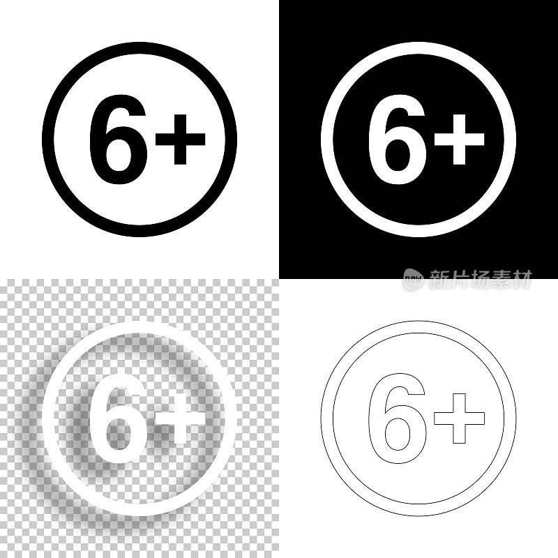 6+ 6+ sign -年龄限制。图标设计。空白，白色和黑色背景-线图标